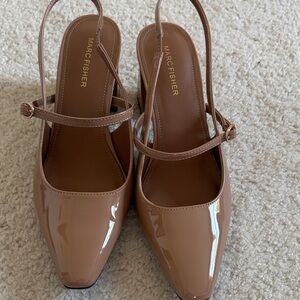 Marc Fisher Patent Pointed Slingback Mules in Nude Brown